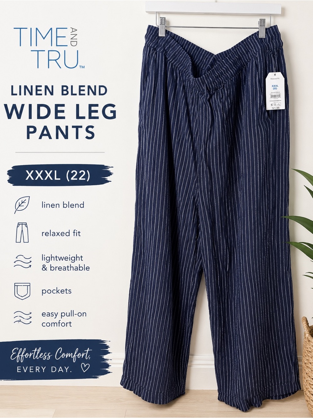NWT Time and Tru Navy Stripe Linen Blend Wide Leg Pants XXXL 22